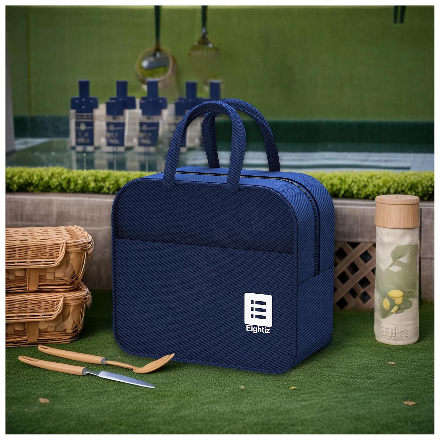Eightiz Insulated Travel Lunch Bags for Men, Women,Kids, Tiffin,Storage Bag for Office, College & School,Picnic,Outdoor,Trekking,Gym (Blue) (Cotton)